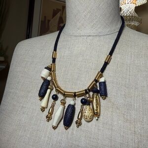 Casual Corner Navy Blue & Gold Beaded Statement Necklace